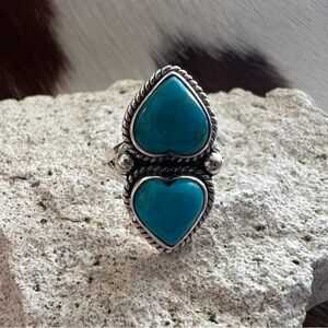 ❤️ Kingman Turquoise 2 Stone Heart Ring Navajo Style Sz 7.5 Sterling Silver 7.4G